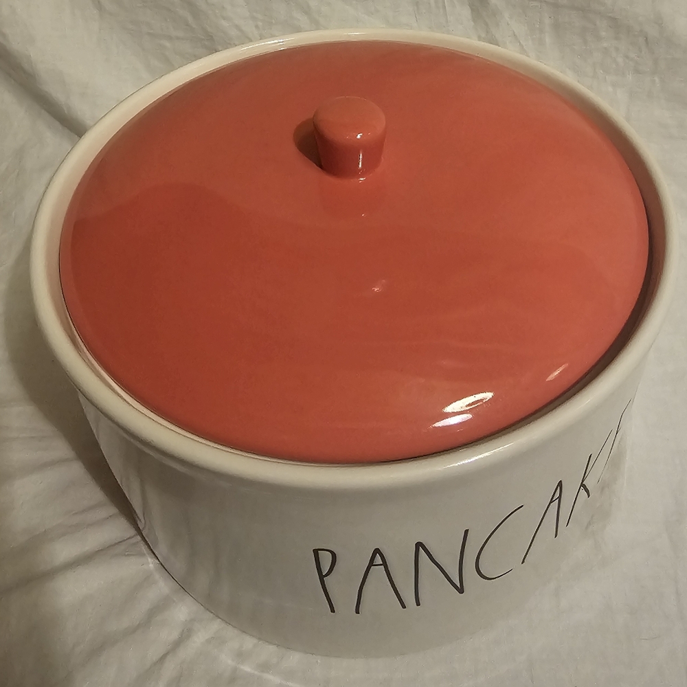 Rae Dunn Pancakes Ceramic Warming Container - White and Orange - Picture 2 of 9